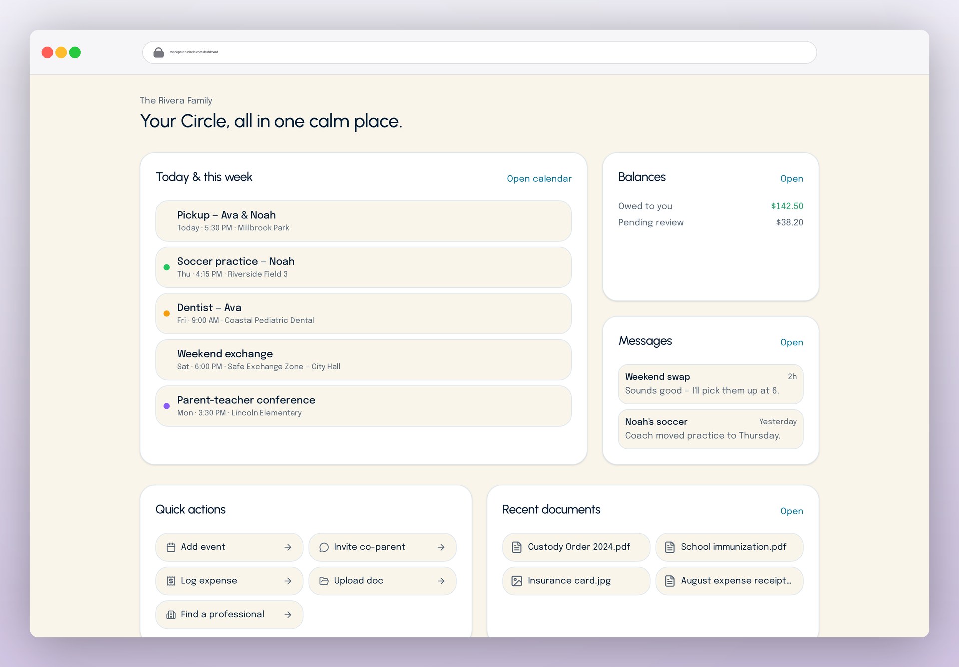 CoParent Circle dashboard preview showing weekly calendar, message thread, and balance card