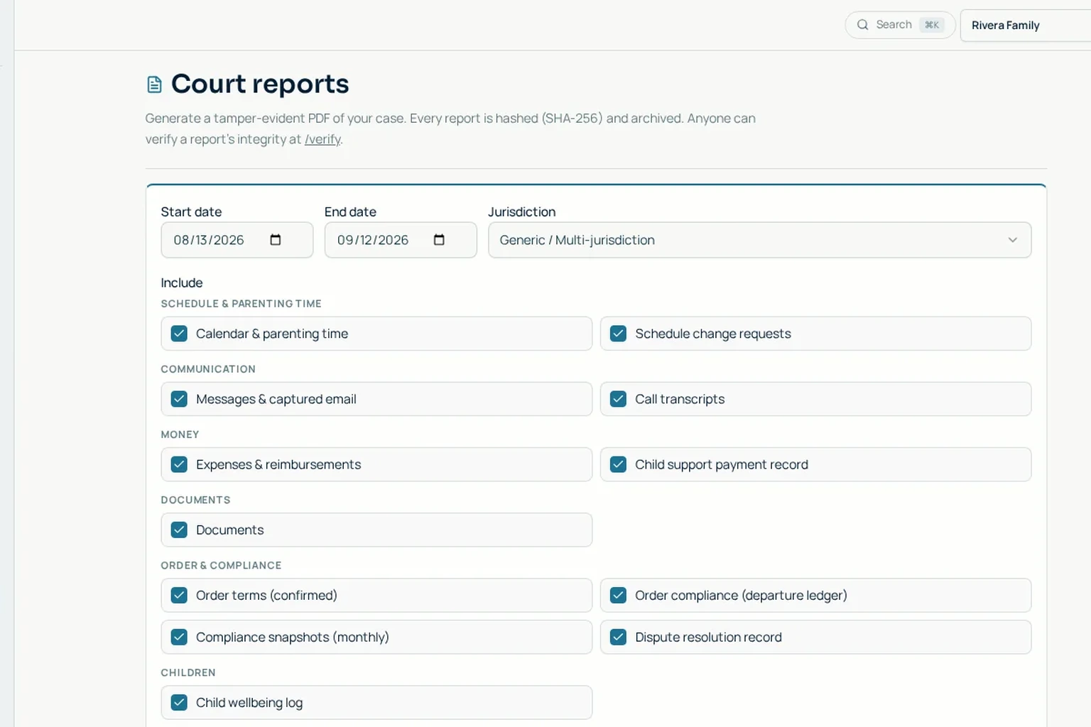 Court-ready activity report preview