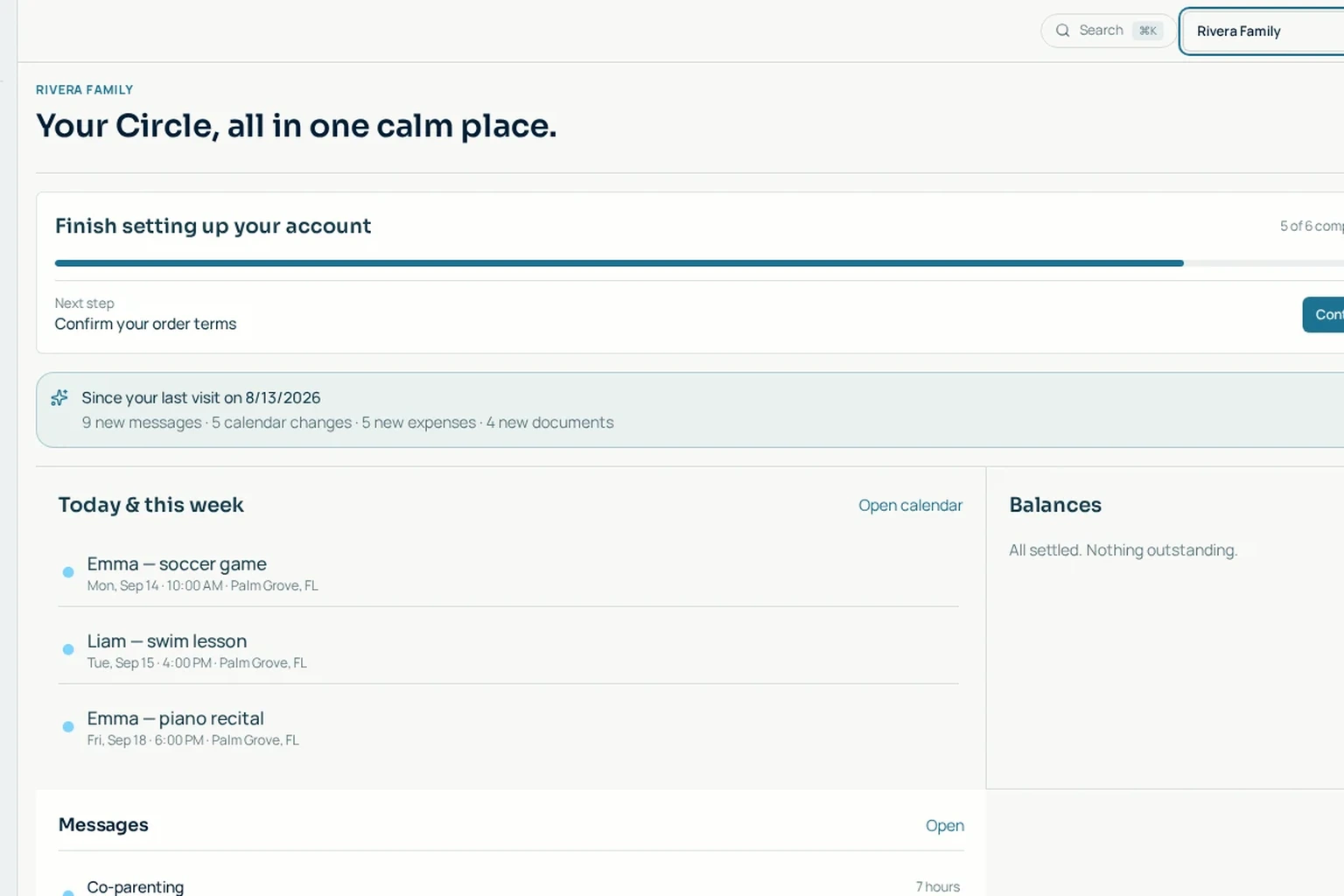 CoParent Circle dashboard preview showing weekly calendar, message thread, and balance card