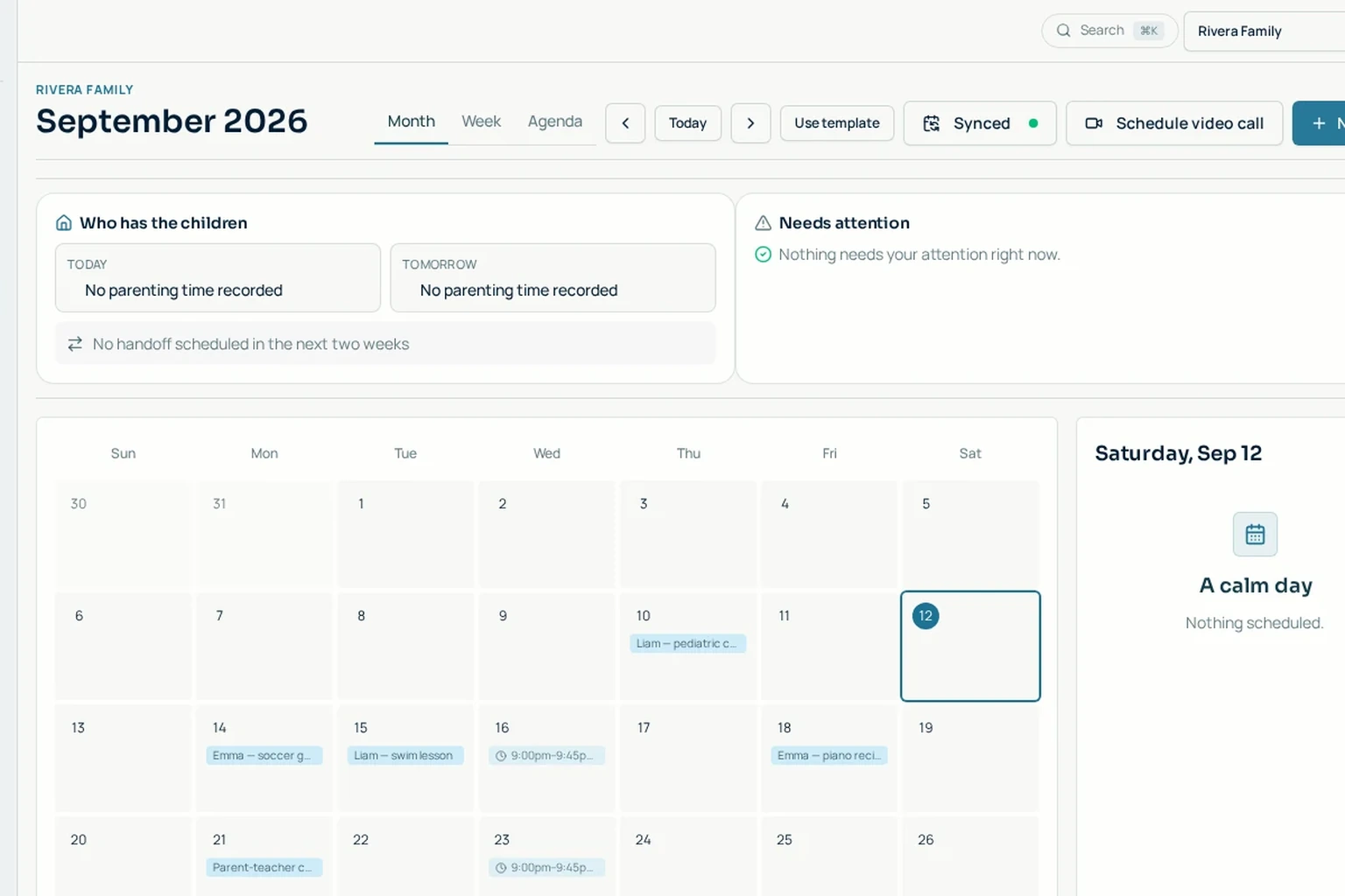 Shared family calendar week view with color-coded events