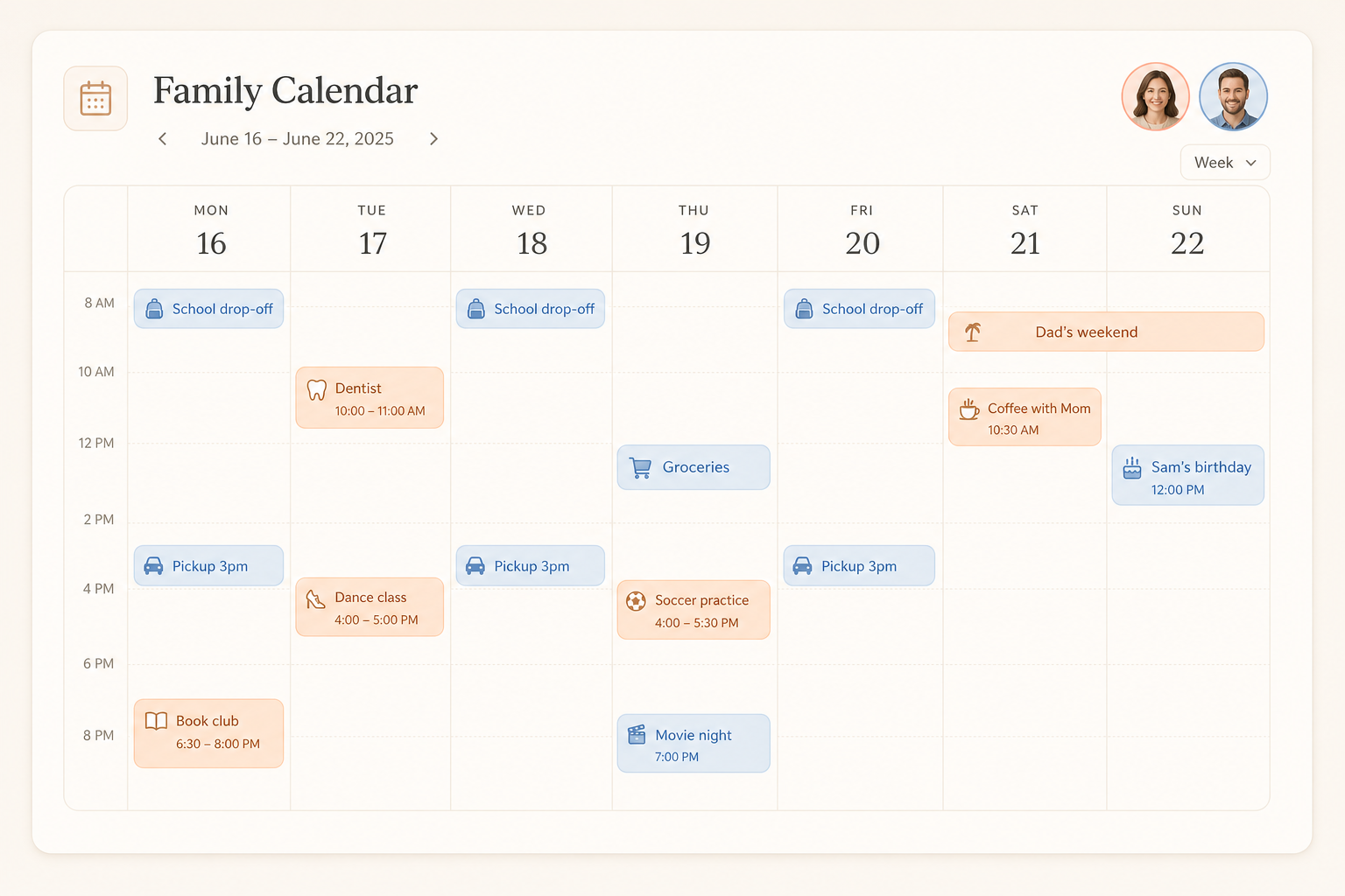Shared family calendar week view with color-coded events