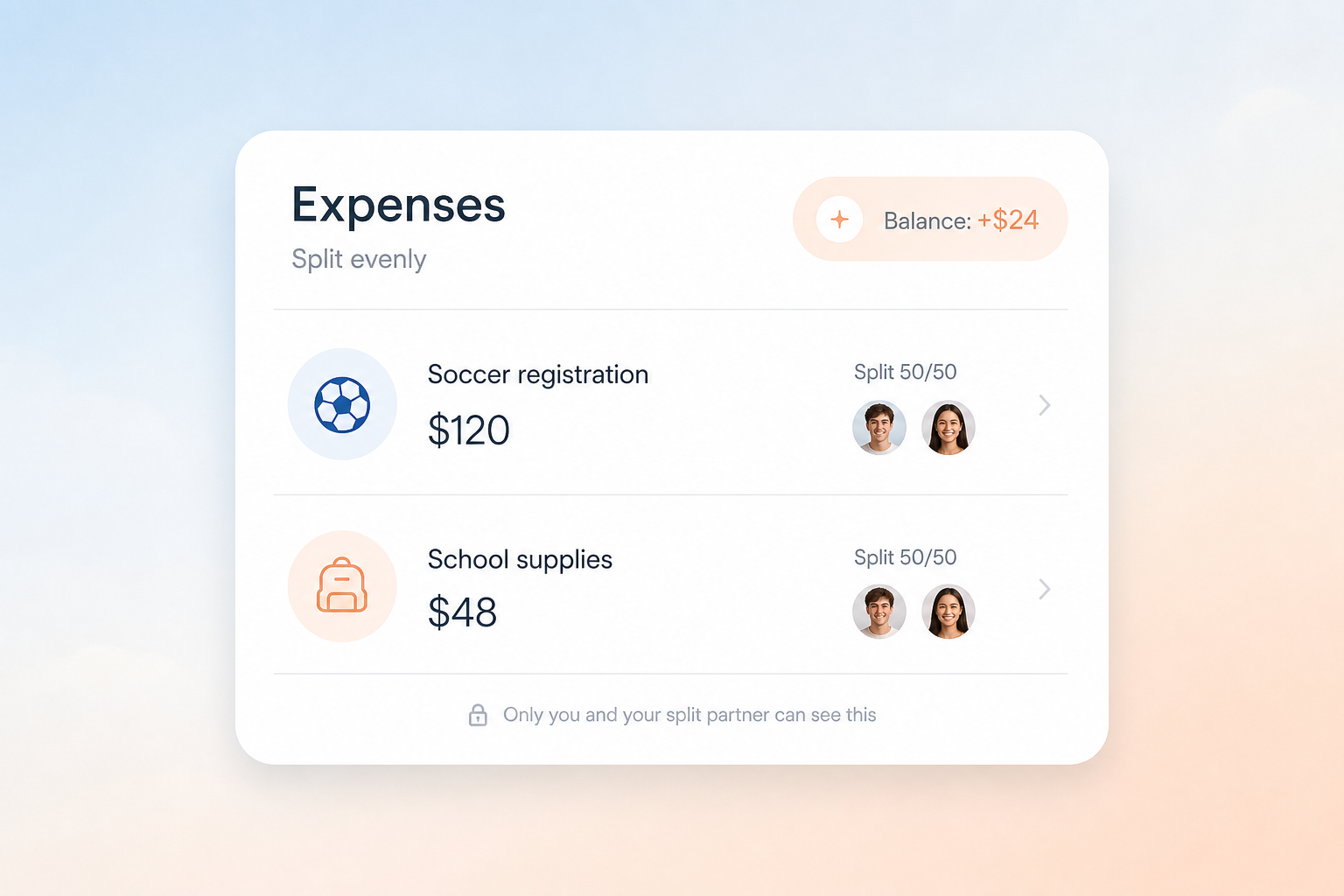 Expense split list with balance pill